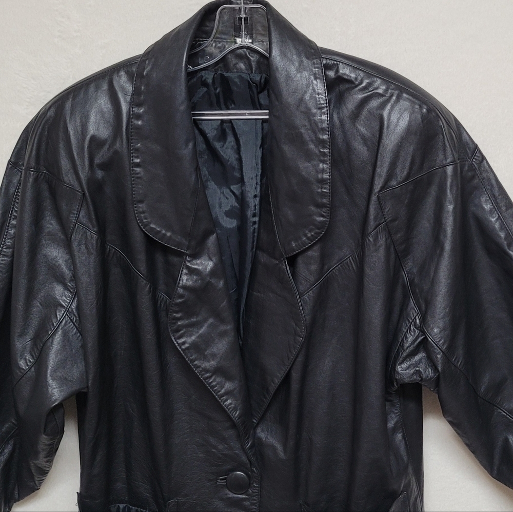 80s Vintage BKE Black Leather Longline Dolman Sleeve Oversized Trench Coat 7/8 - Picture 5 of 14